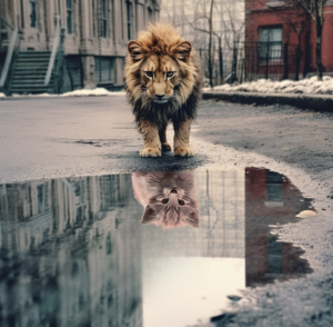 Lion looking into puddle, reflection is a kitten